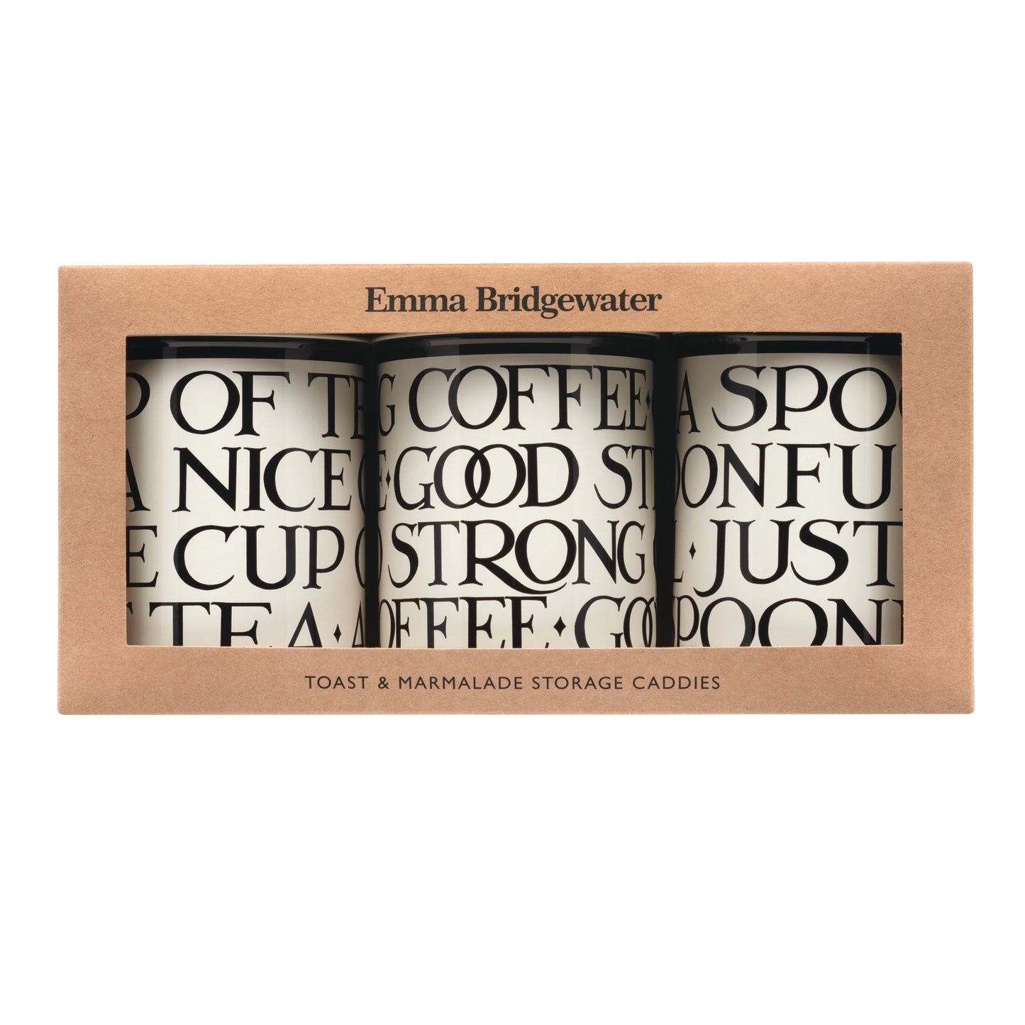Kitchentins - Three coffee-themed storage caddies in a box with text, branded 'Emma Bridgewater'.