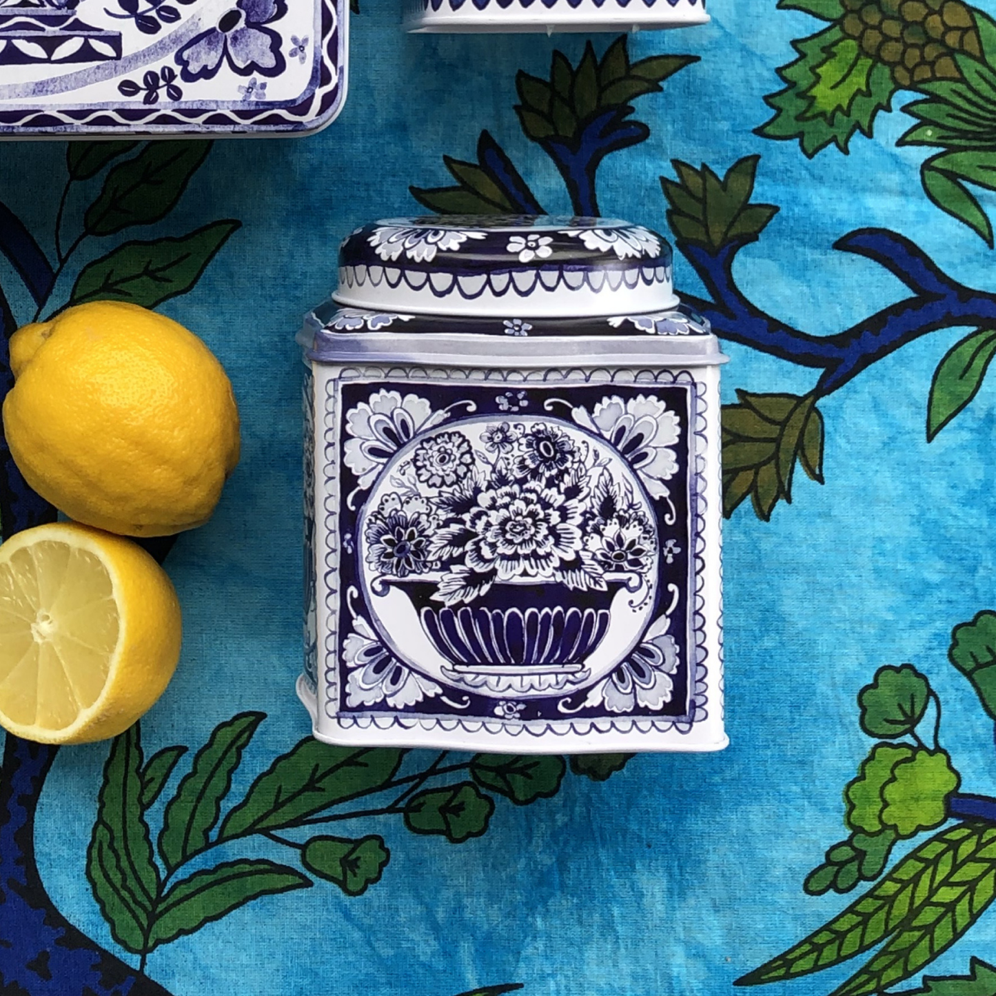 Kitchentins - Claire Winteringham blue & white design tea caddy