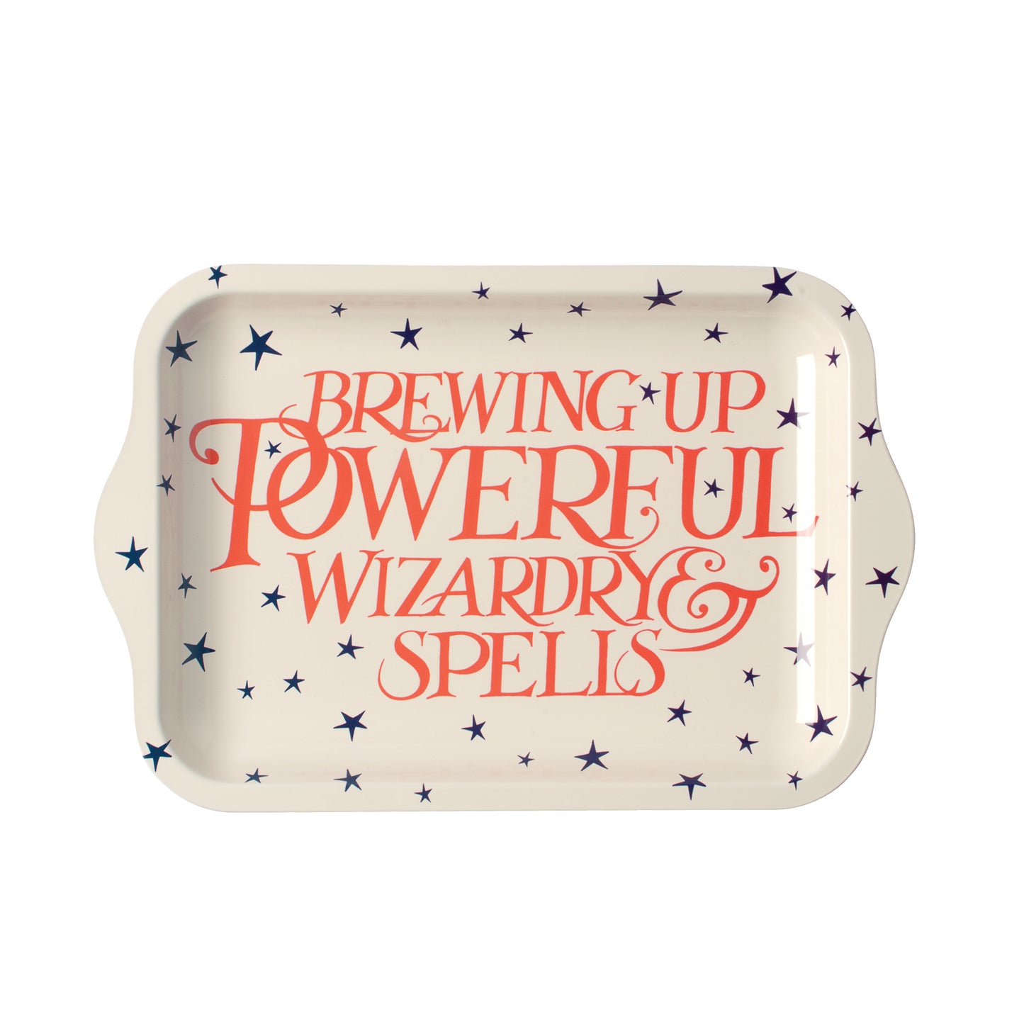 Kitchentins - Emma Bridgewater small Rectangular tray with red text 'Brewing Up Powerful Wizardry & Spells' on a cream background