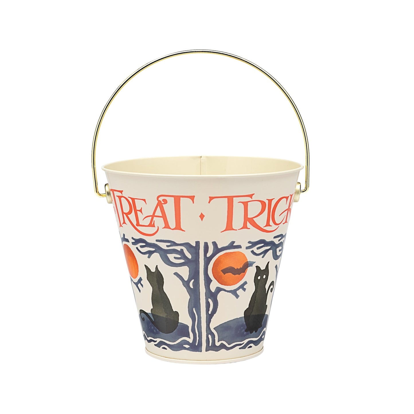 Kitchentins - round tin bucket with Trick or Treat written in orange text from Emma Bridgewater