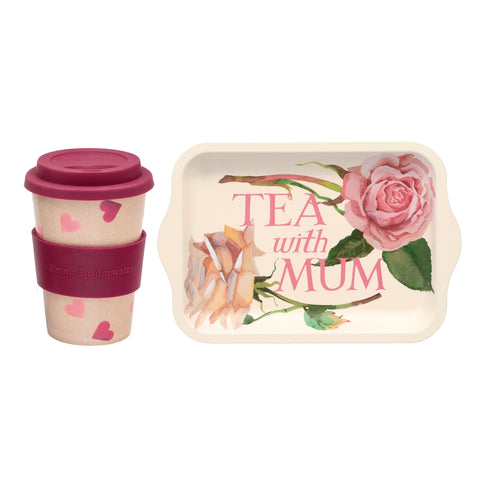 Emma Bridgewater - Tea With Mum, Small Tin Tray & Pink Hearts Rice Husk Travel Cup Set