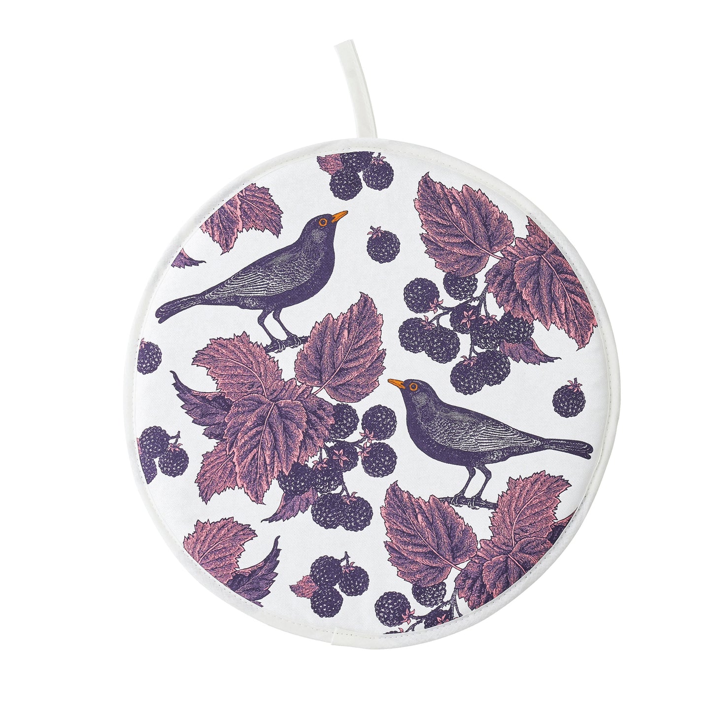 kitchen tins - Thornback & Peel Aga cover with Blackbird & Bramble design in purple tones.