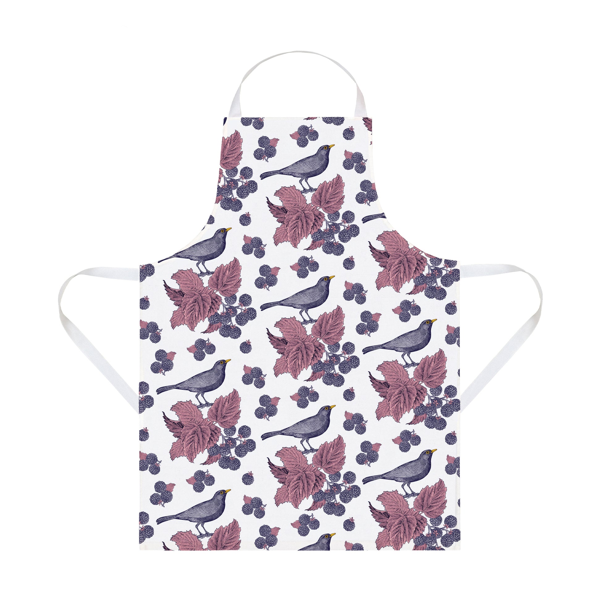 kitchentins - Thornback and Peel cotton apron printed with inky blue blackbirds with a pink leaf detail. 