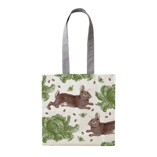 Kitchentins - Thornback & Peel Tote bag with rabbit and cabbage pattern on a white background