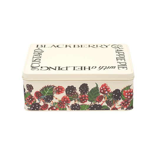 Kitchentins - Emma Bridgewater blackberry deep rectangular tin with blackberries printed around the edge with black text on the top. 