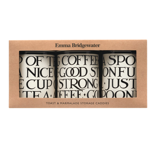 Kitchentins - Three coffee-themed storage caddies in a box with text, branded 'Emma Bridgewater'.