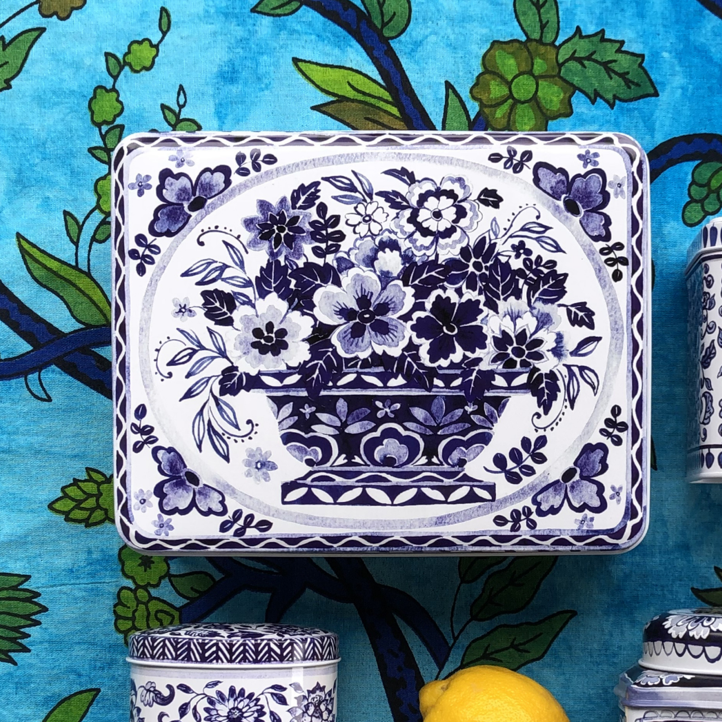 Kitchentins - Claire Winteringham Blue & White design deep rectangular tin