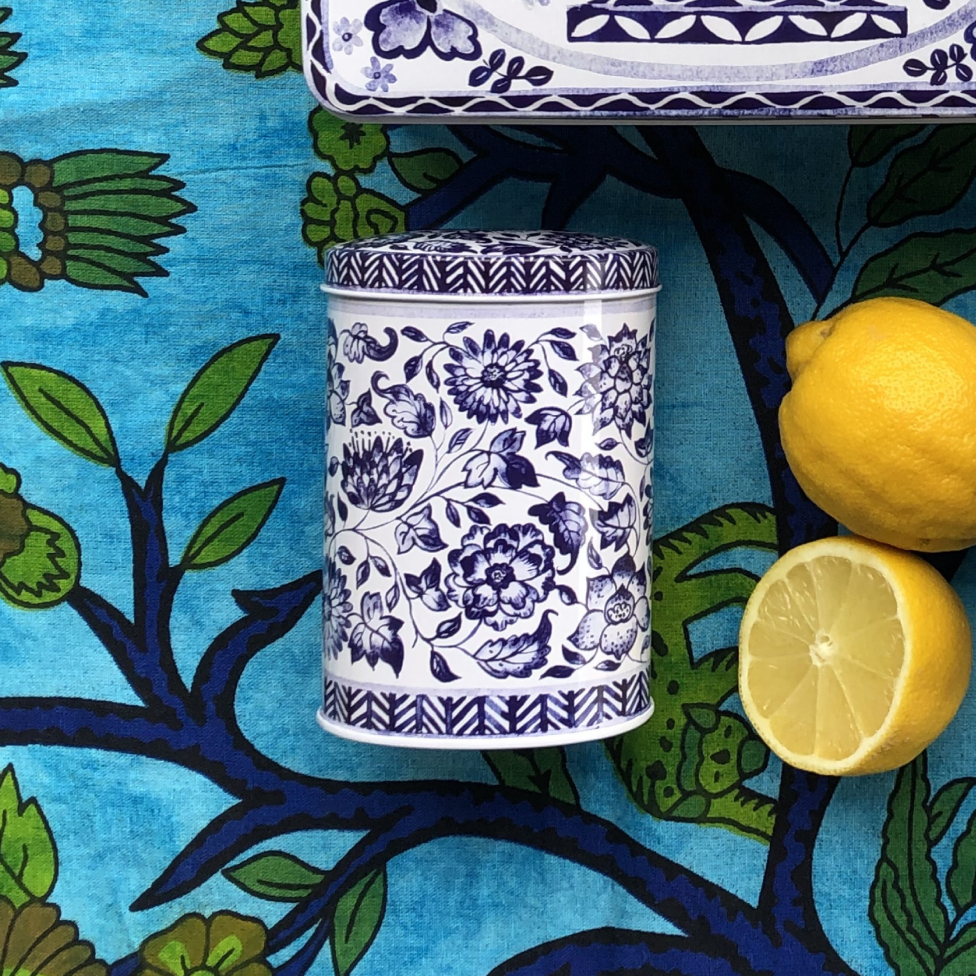 Kitchentins - Claire Winteringham Blue & White design oval tin