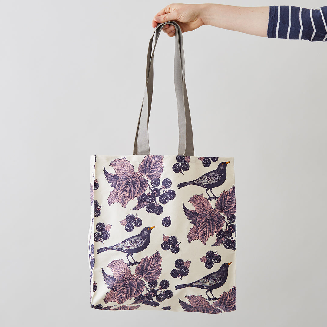 kitchentins - Thornback and Peel Cotton tote bags printed with Blackbirds and Brambles in purple tones.