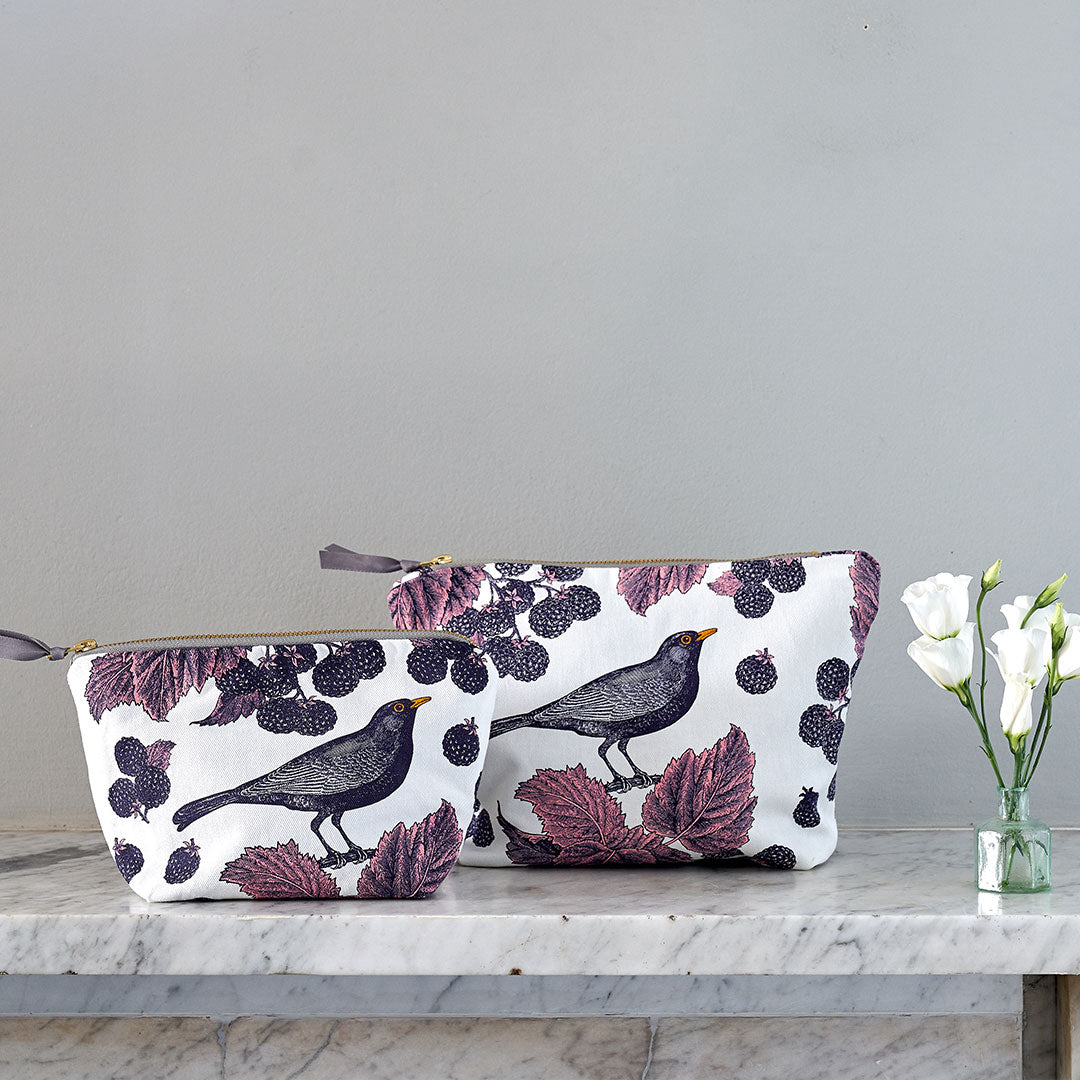 Kitchentins - Thornback and Peel large cosmetic bag printed in purple tones in the blackbird and bramble design.