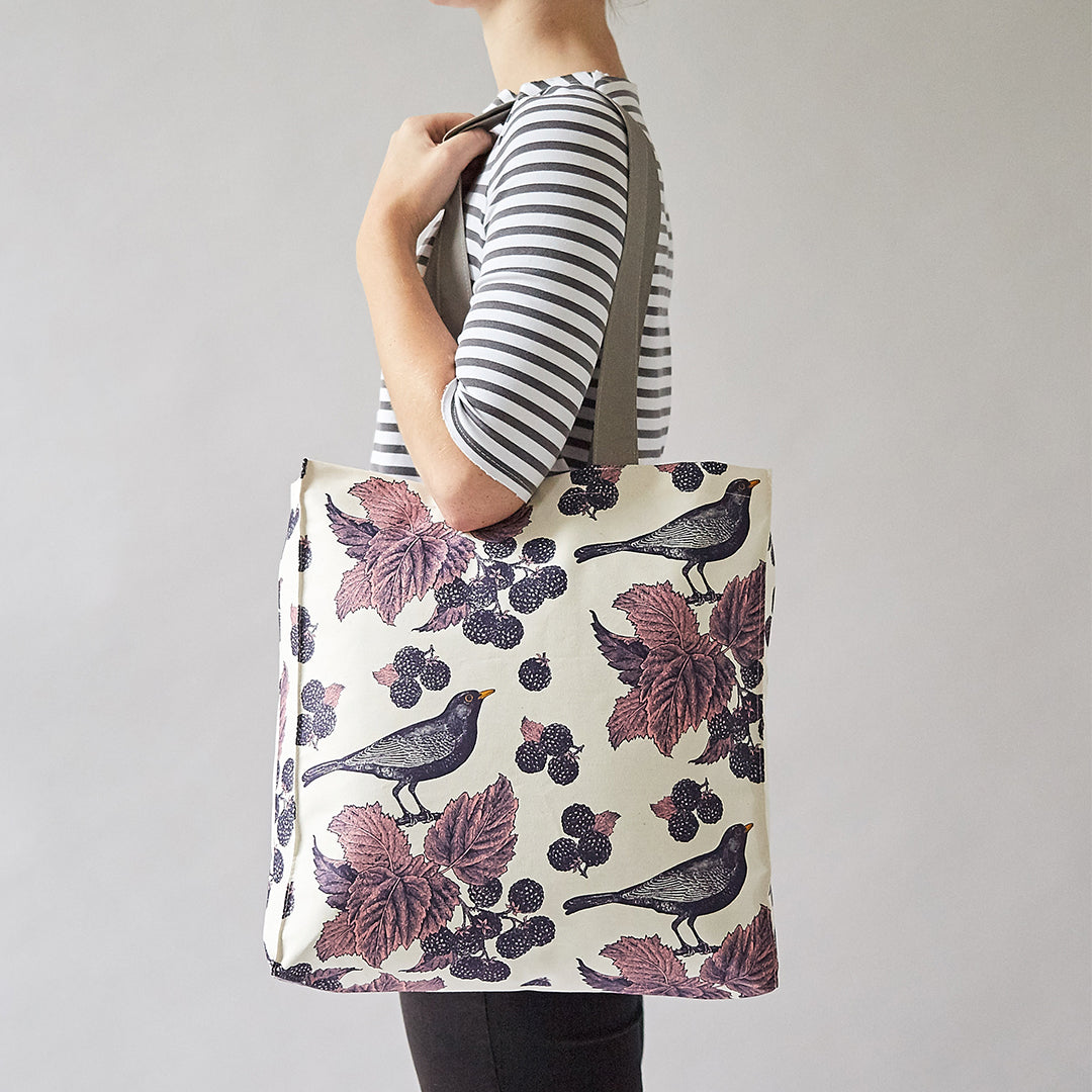 kitchentins - Thornback and Peel Cotton tote bags printed with Blackbirds and Brambles in purple tones 