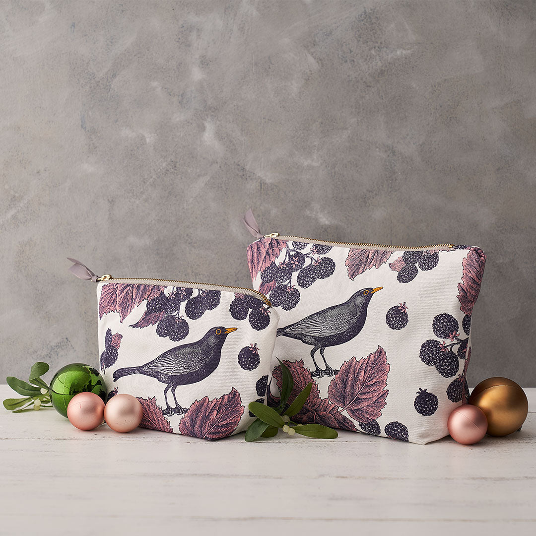 Kitchentins - Thornback and Peel large cosmetic bag printed in purple tones in the blackbird and bramble design.