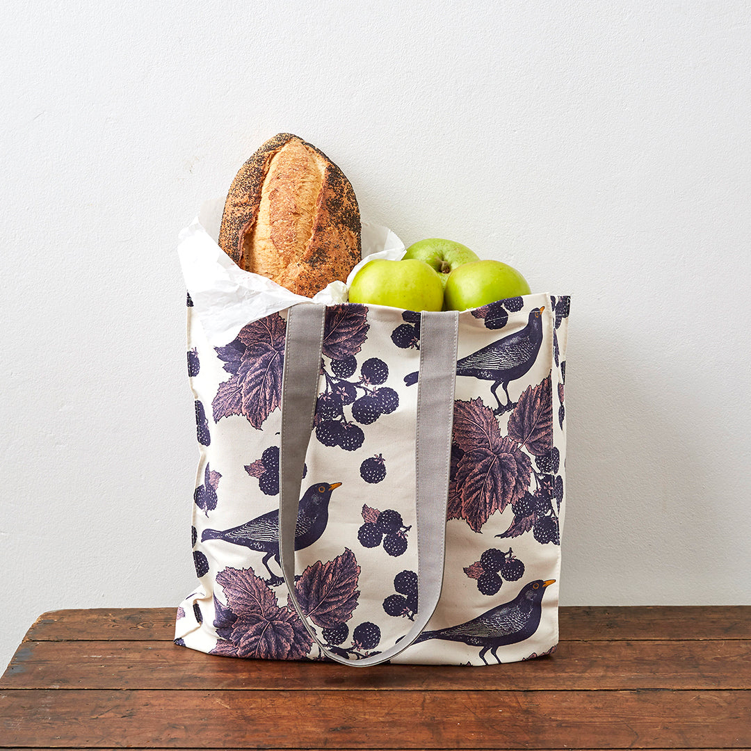 kitchentins - Thornback and Peel Cotton tote bags printed with Blackbirds and Brambles in purple tones.