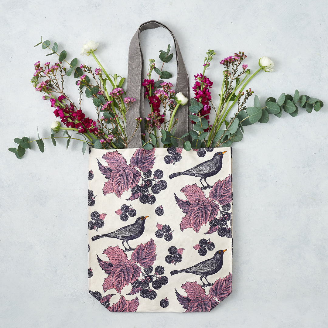 kitchentins - Thornback and Peel Cotton tote bags printed with Blackbirds and Brambles in purple tones.