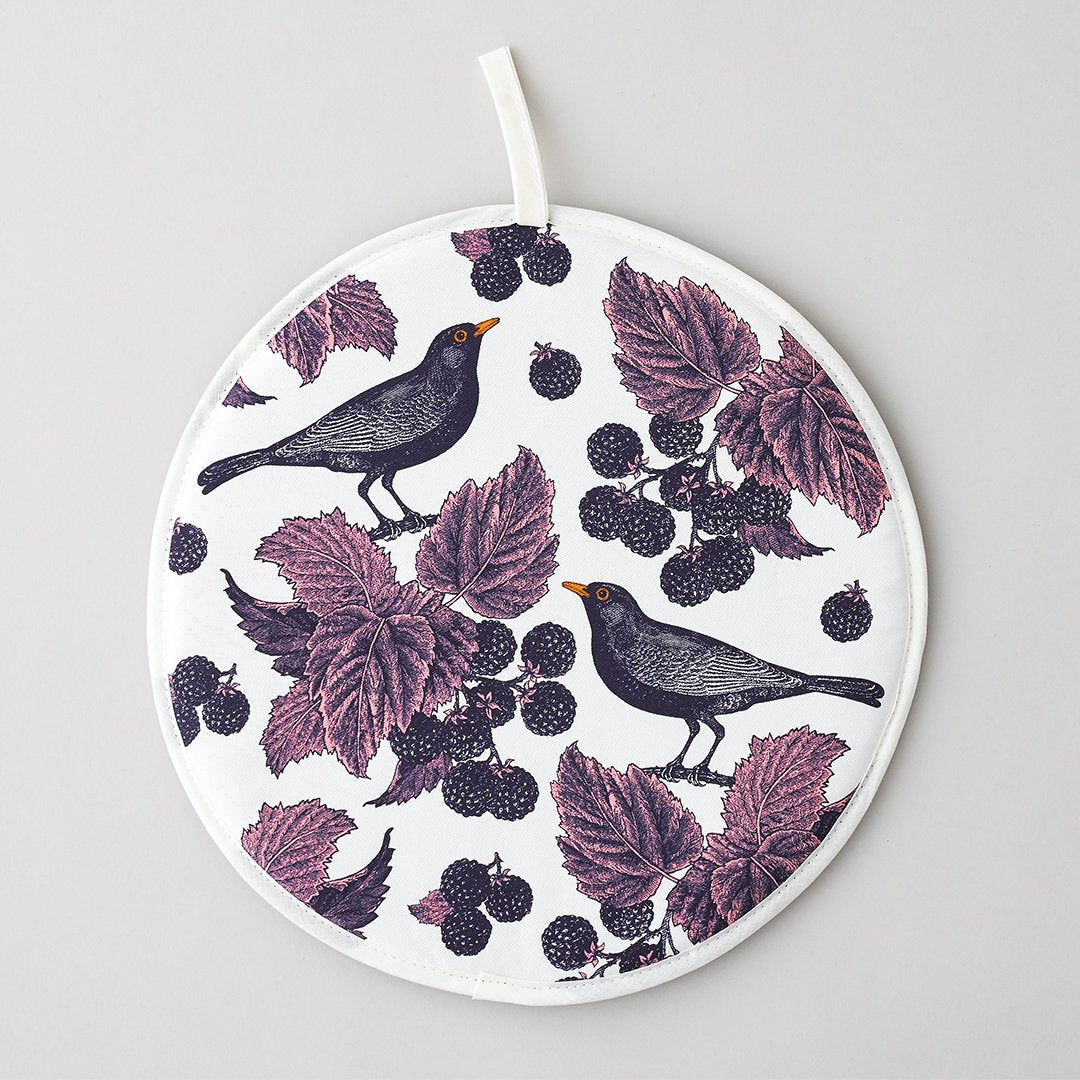 Kitchentins - Thornback & Peel cotton Hob Cover printed with Blackbirds and brambles in purple tones