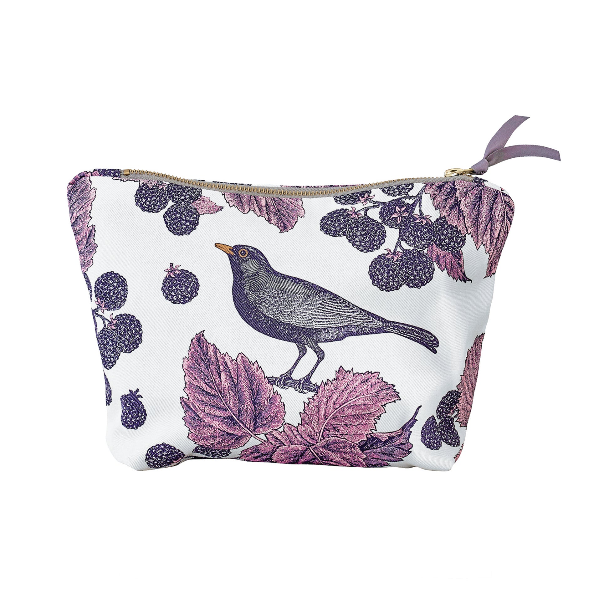 kitchentins - Thornback & Peel large cosmetic bag with Blackbird & Bramble design in purple tones.