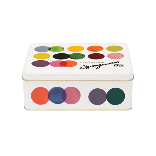 Kitchentins - Emma Bridgewater Colorful dot patterned tin box on a white background