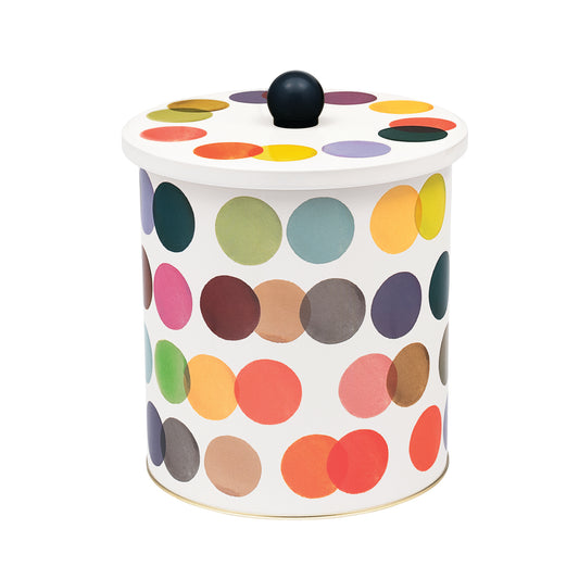 Kitchentins - Emma Bridgewater Decorative tin biscuit barrel with colorful dot pattern on a white background