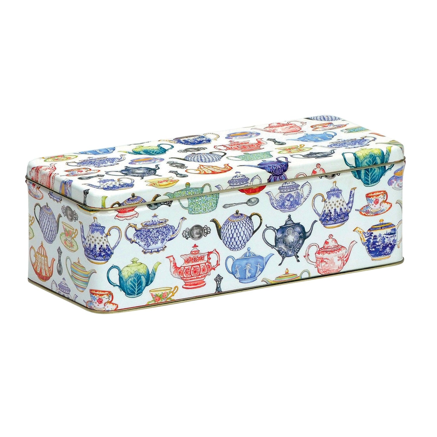 Kitchentins - Teapot Long Deep Rectangular Tin. A rectangular storage gift tin covered in an assortment of colourful teapots.