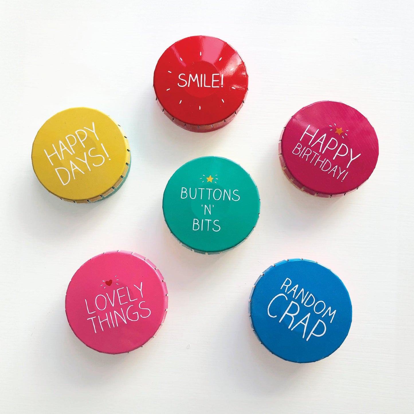 Kitchentins - Happy Jackson - Click Clack tin bundle - 6 round tins reading Smile, Happy Days, Happy Birthday, Buttons 'n' Bits, Lovely Things, Random Crap