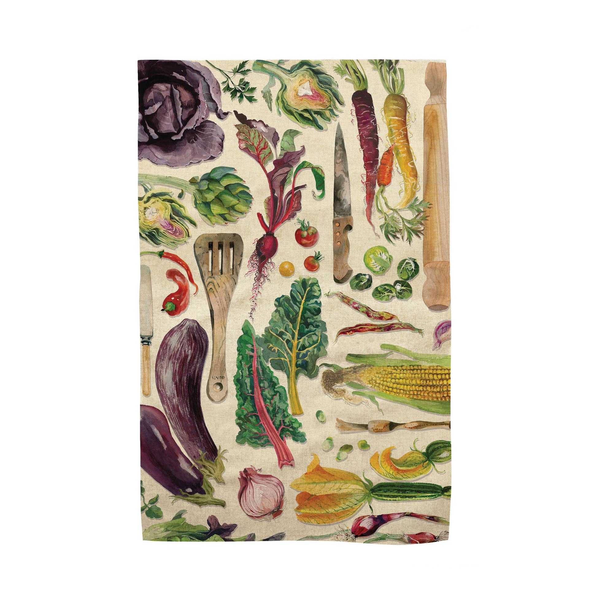 Kitchentins - Emma Bridgewater - Dig the garden cotton tea towel. An assortment of garden vegetables printed on a natural background