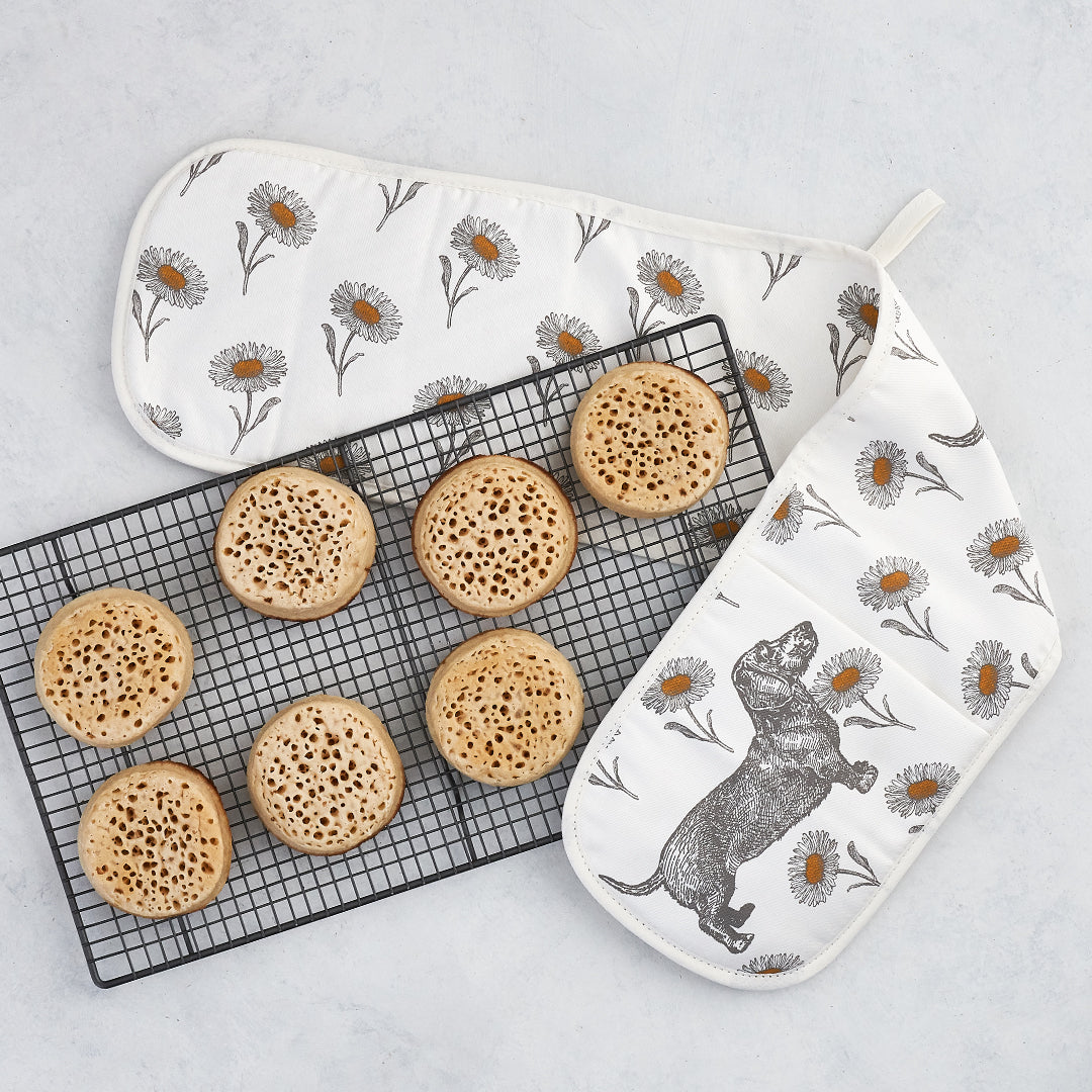 kitchentins - Thornback & Peel cotton double oven gloves printed with sweet daschunds and delicate daisys.