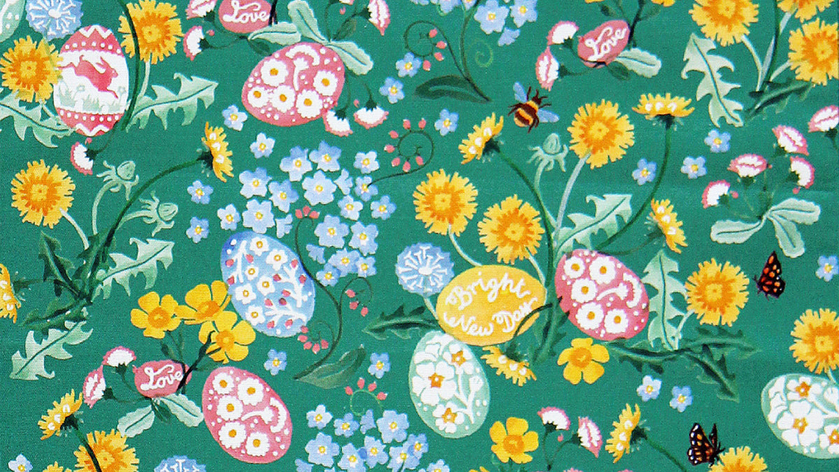 kitchentins - Emma Bridgewater easter tea towel - Colorful pattern of Easter eggs, flowers, and butterflies on a green background