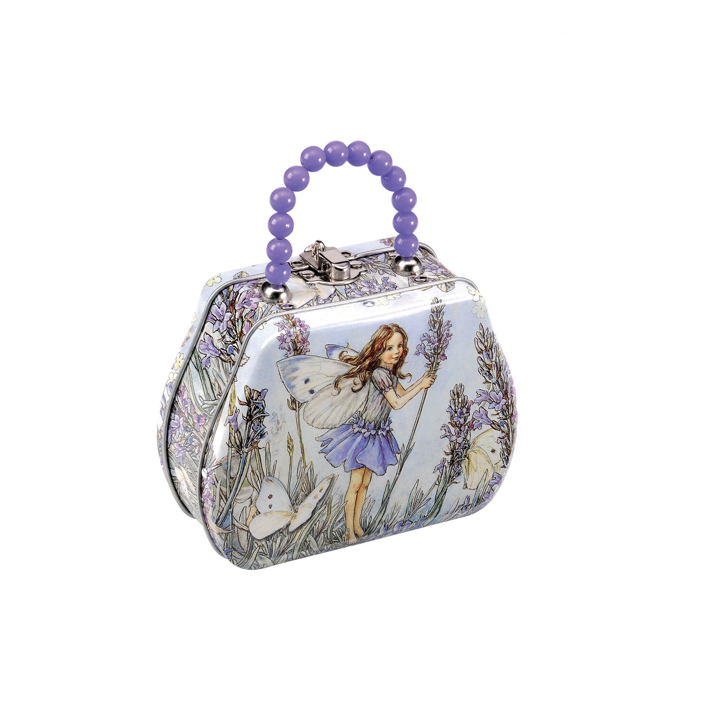 Kitchentins - Flower Fairies Medium Handled Bag Tin. Small gift tin with a beaded handle to replicate a small handbag featuring the classic flower fairies artwork