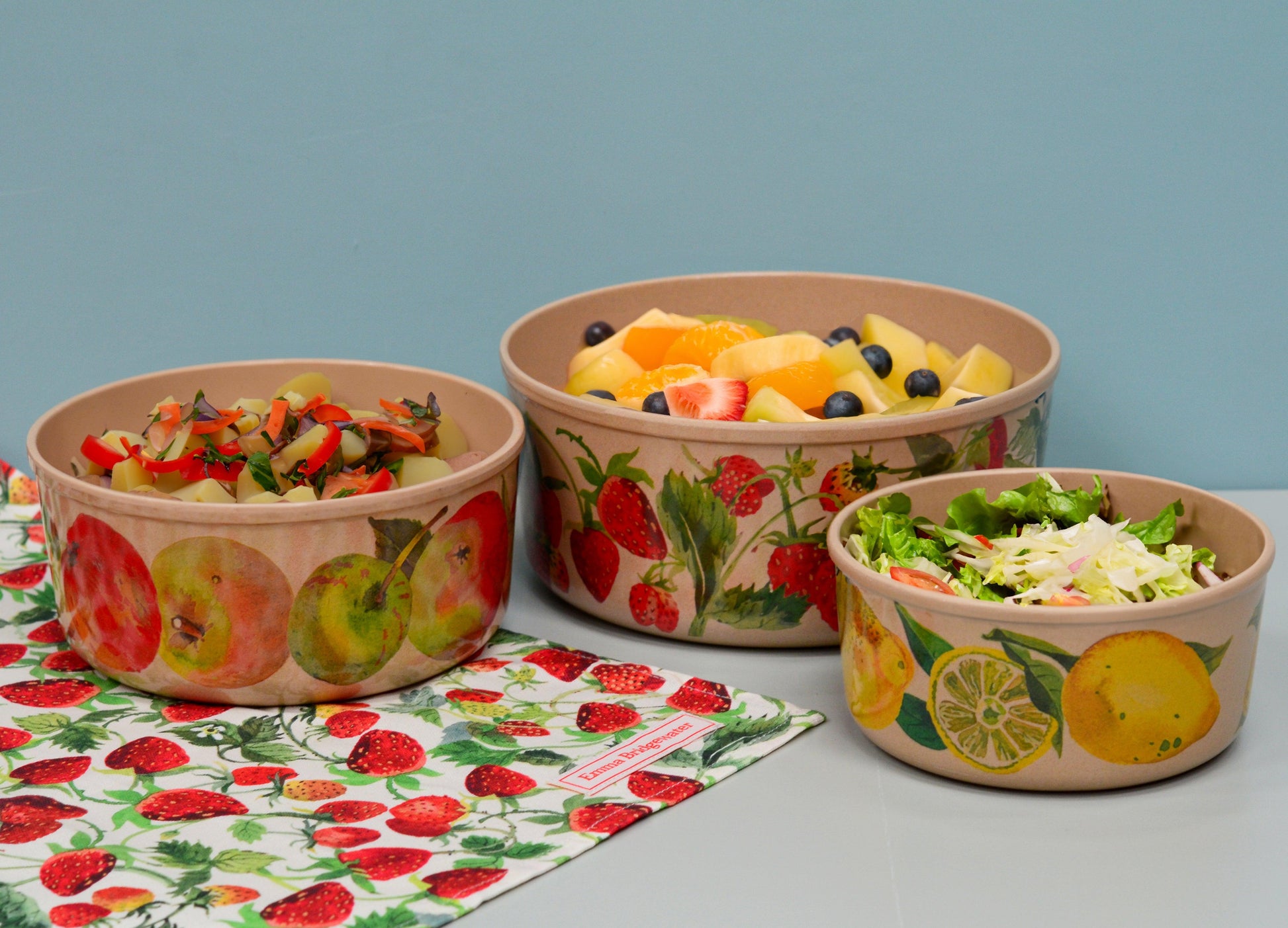 kitchentins - rice husk serving bowls with fruit designs on each