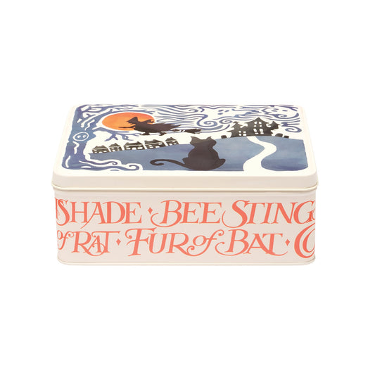 Kitchentins - Emma Bridgewater Halloween deep rectangular tin with orange text around the edge. 