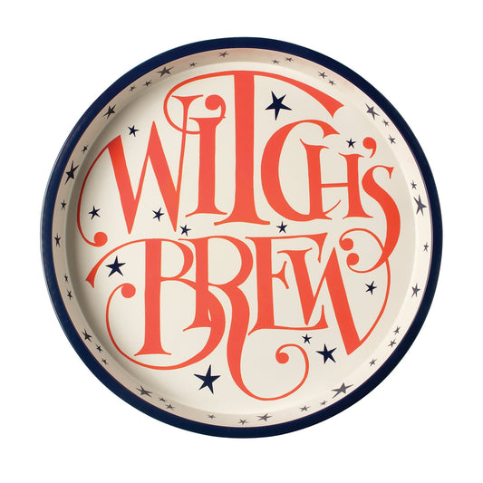 Kitchentins - decorative round tin tray with Witch's Brew  in bold orange text in the classic Emma Bridgwater style with blue stars
