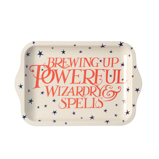 Kitchentins - Emma Bridgewater small Rectangular tray with red text 'Brewing Up Powerful Wizardry & Spells' on a cream background