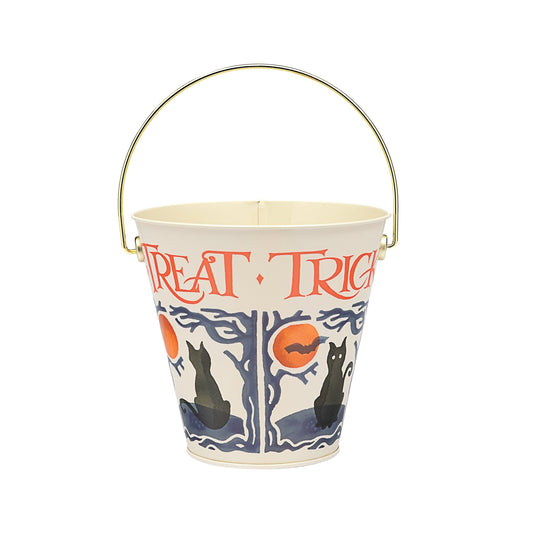 Kitchentins - round tin bucket with Trick or Treat written in orange text from Emma Bridgewater