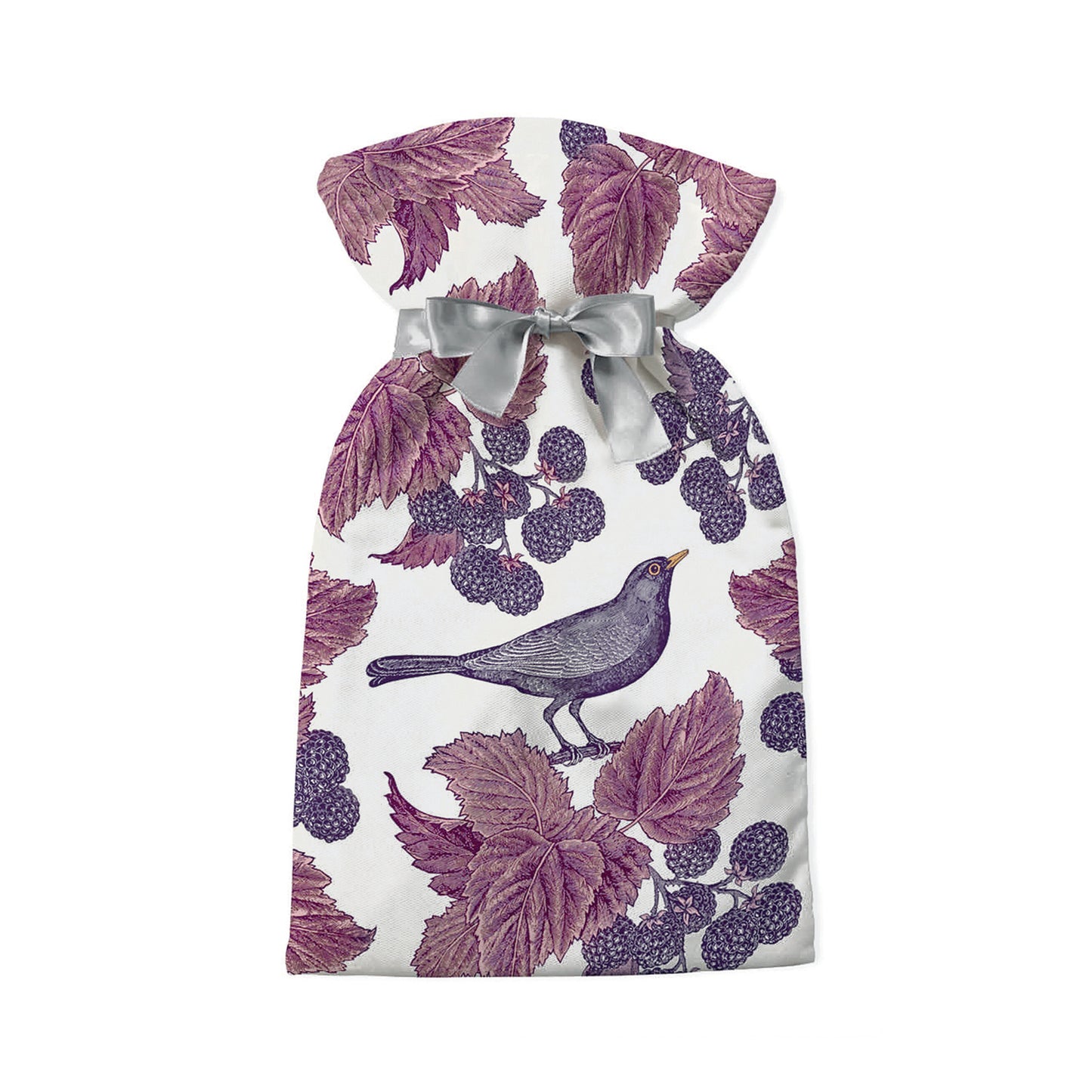 kitchentins - Thornback & Peel hot water bottle cover with Blackbird & Bramble design in purple tones.