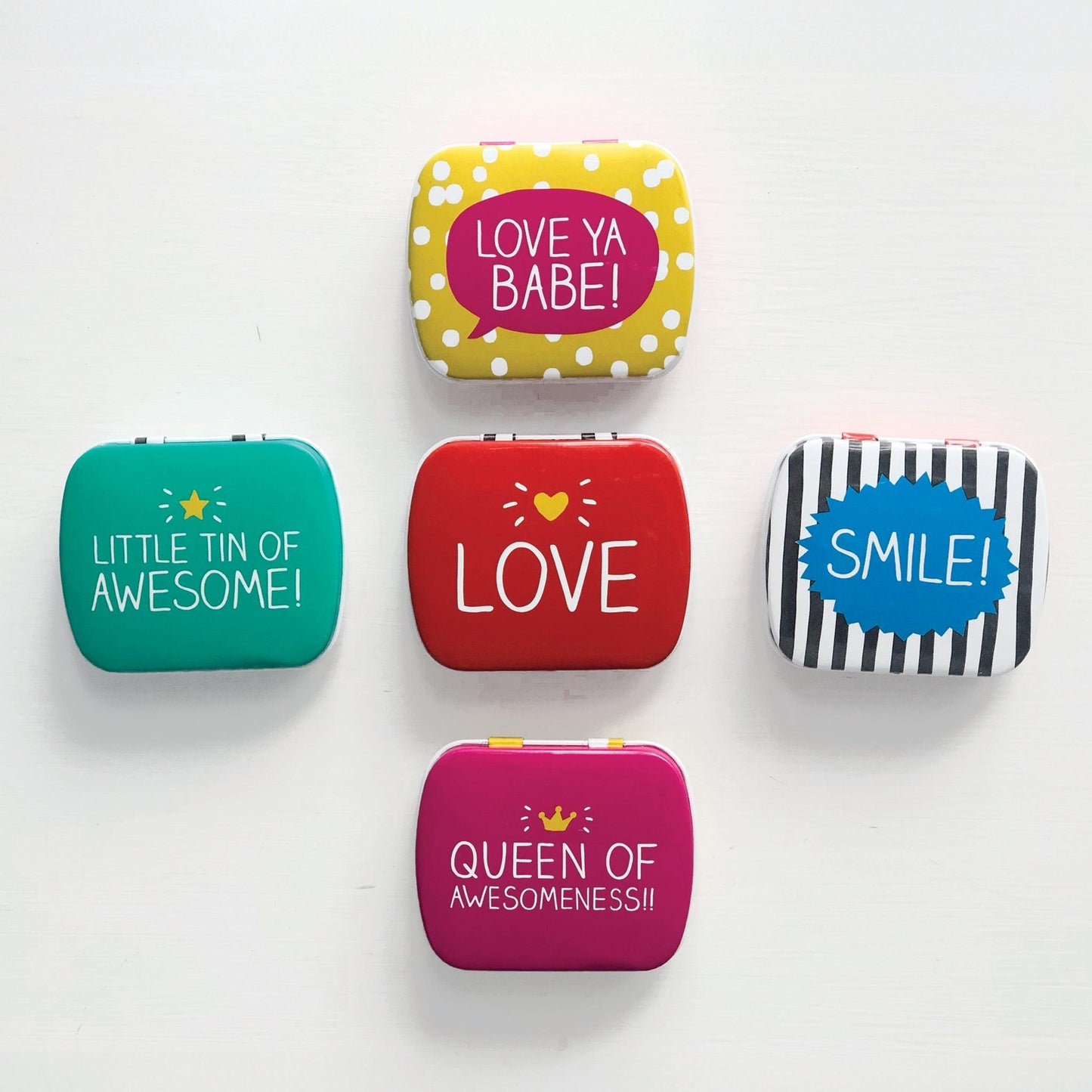 kitchentins - Happy Jackson small rectangular hinged lid tins with happy slogans in bright colours