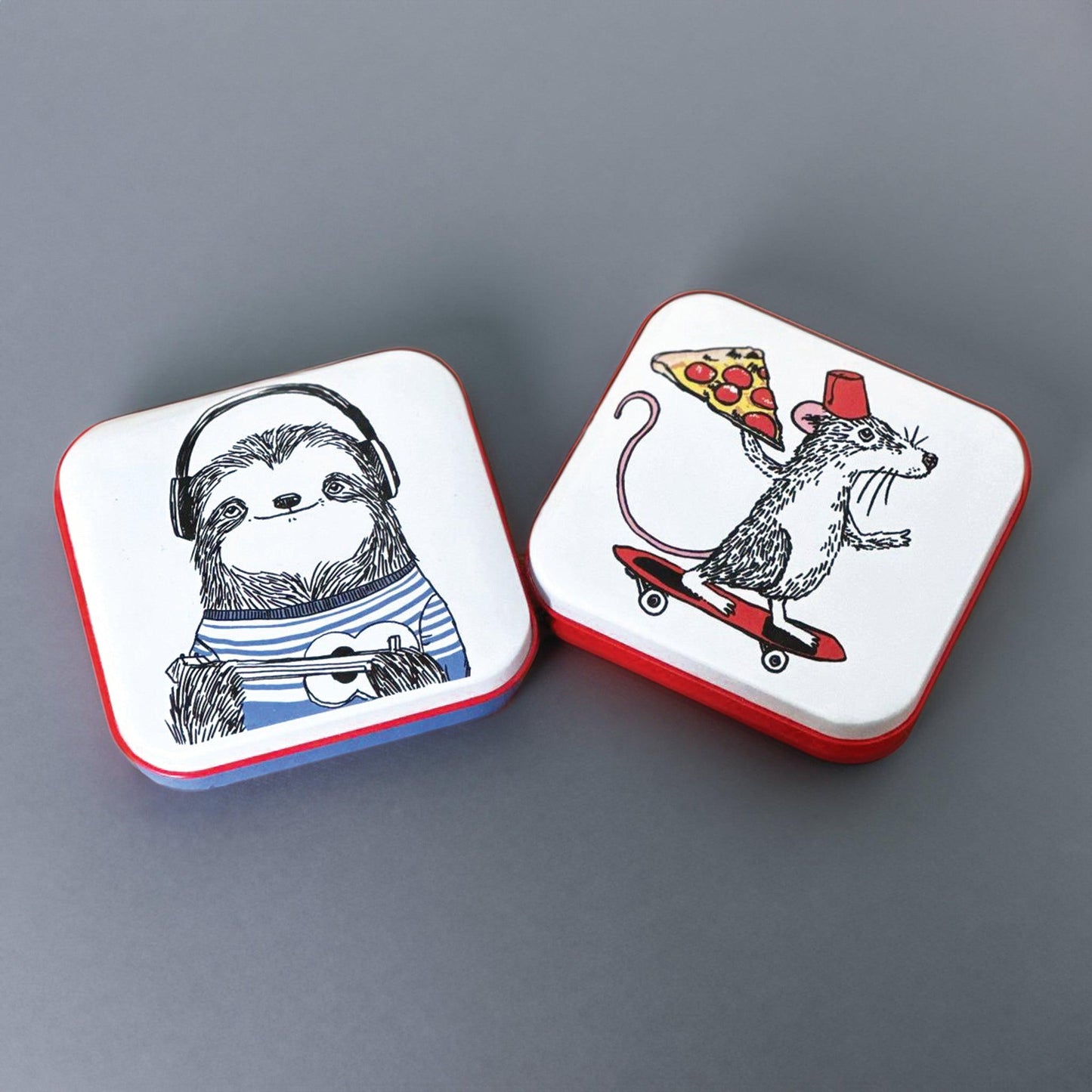 kitchentins - set of two pocket tins, one with a sloth playing guitar and one with a skateboarding mouse with a slice of pizza