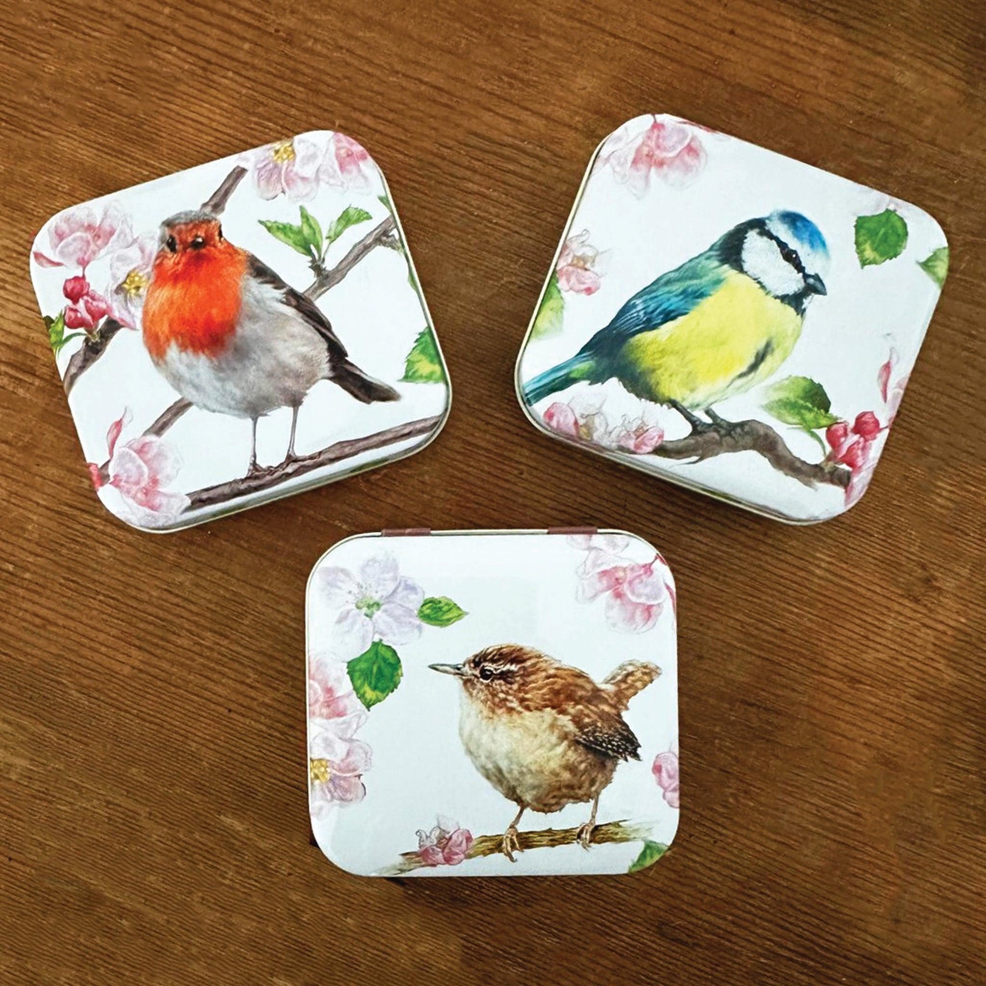 kitchentins - set of three pocket tins with robin, bluetit and sparrow design