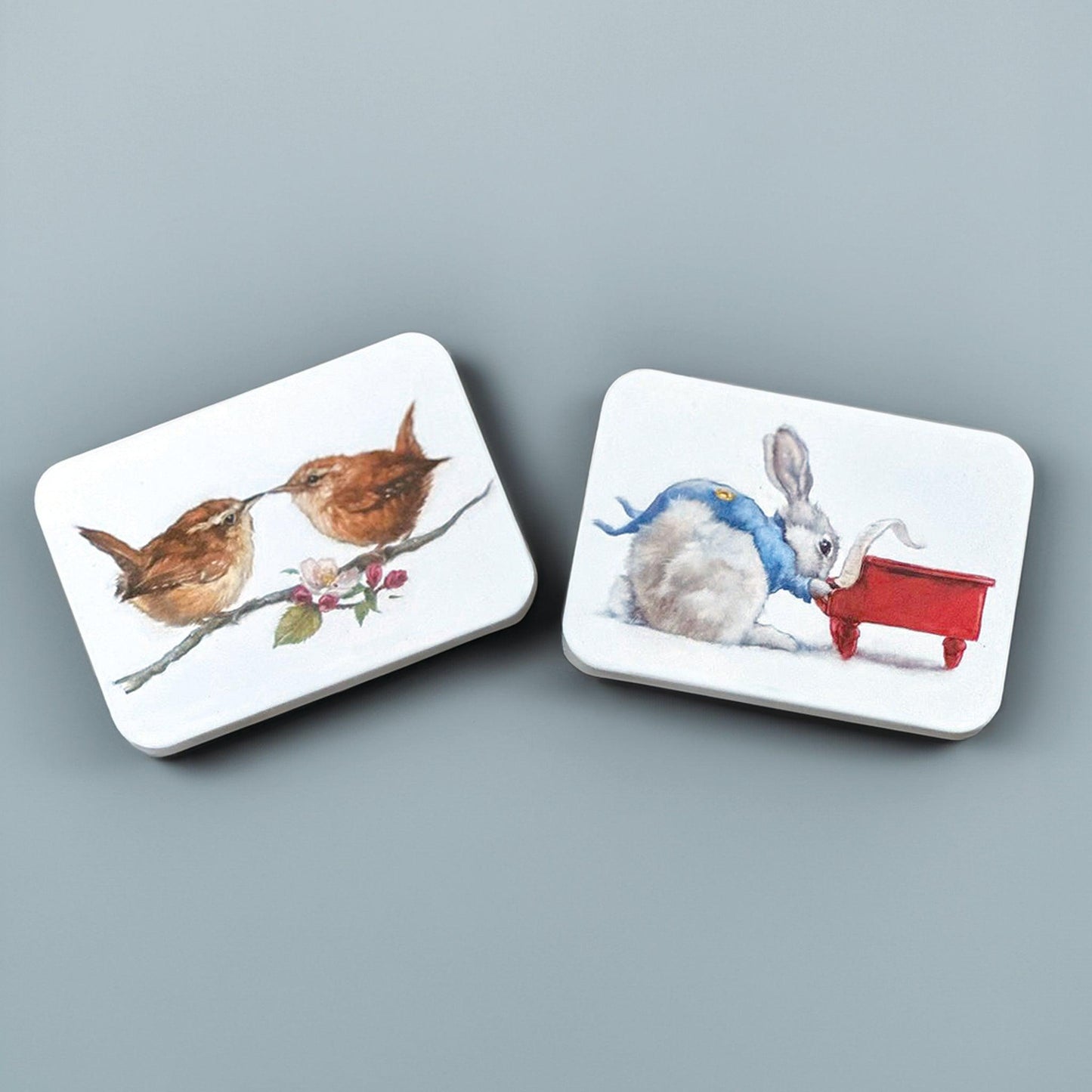 kitchentins- Jo Stockdale set of two pocket tins with a pair of birds and a rabbit