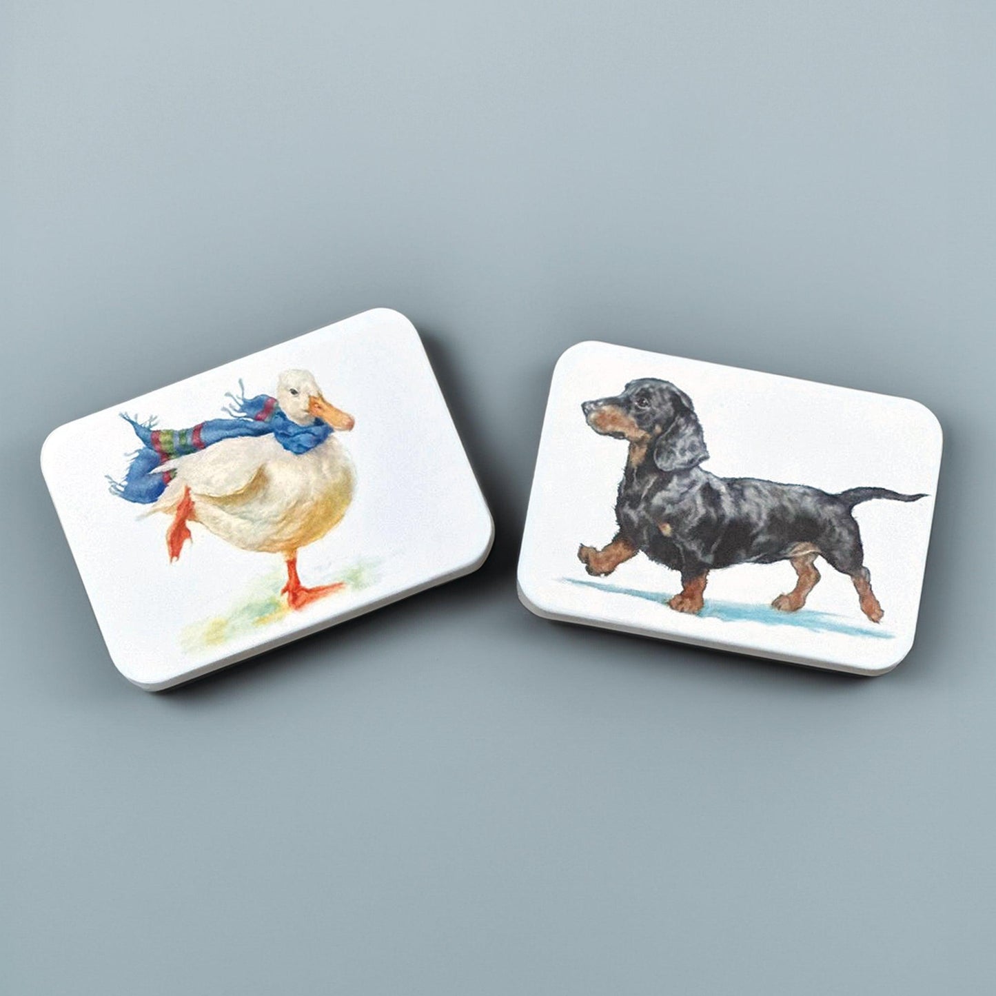 kitchentins- Jo Stockdale set of two pocket tins with a duck and a dachshund