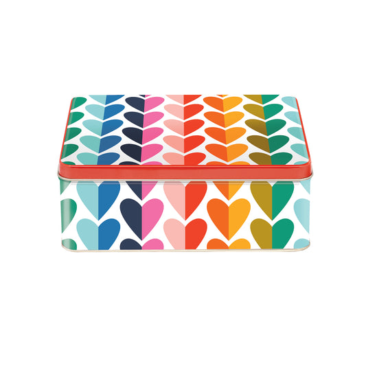 Kitchentins- Kate Rhees rainbow heart design deep rectangular tin