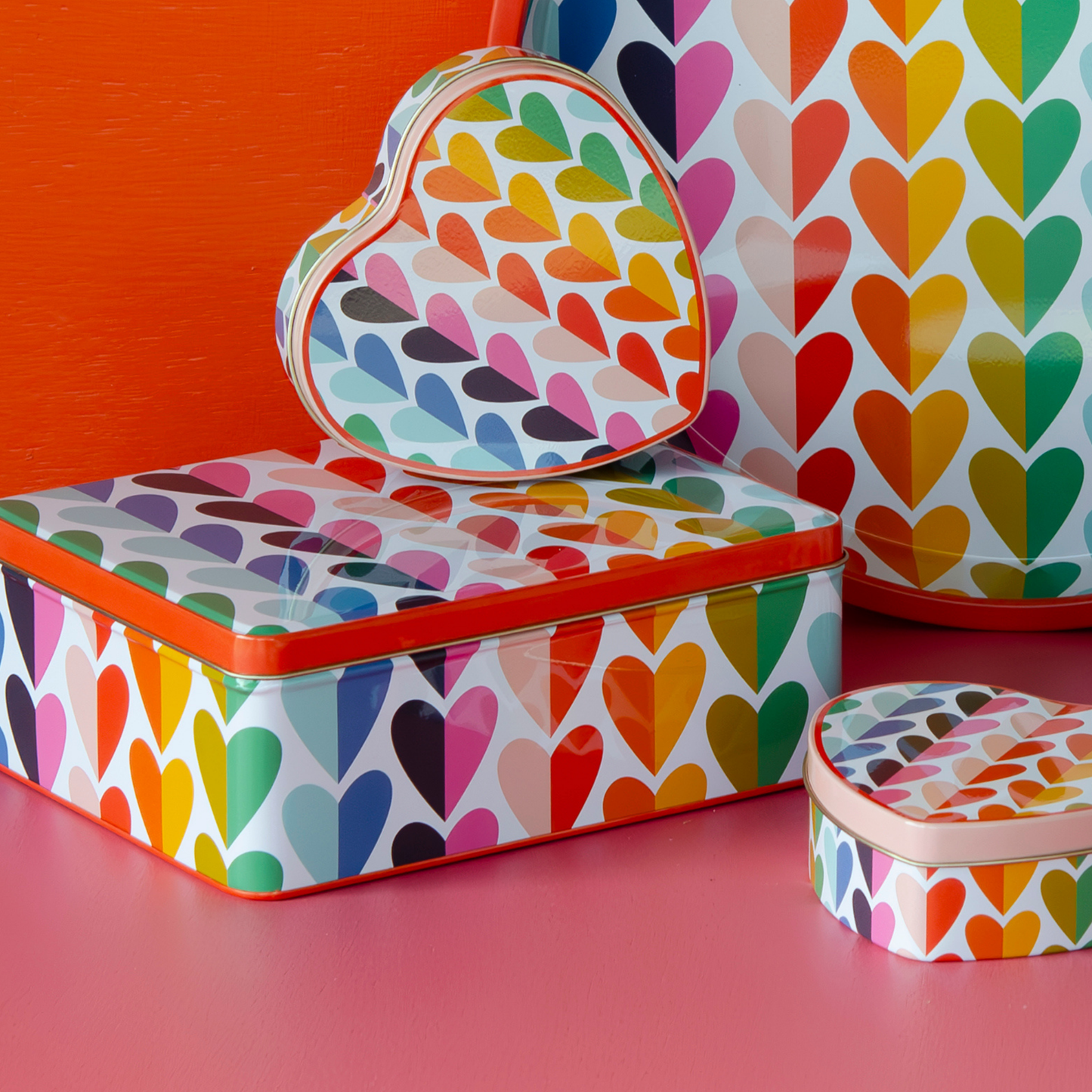 Kitchentins - Kate Rhees Rainbow Hearts design deep rectangular tin