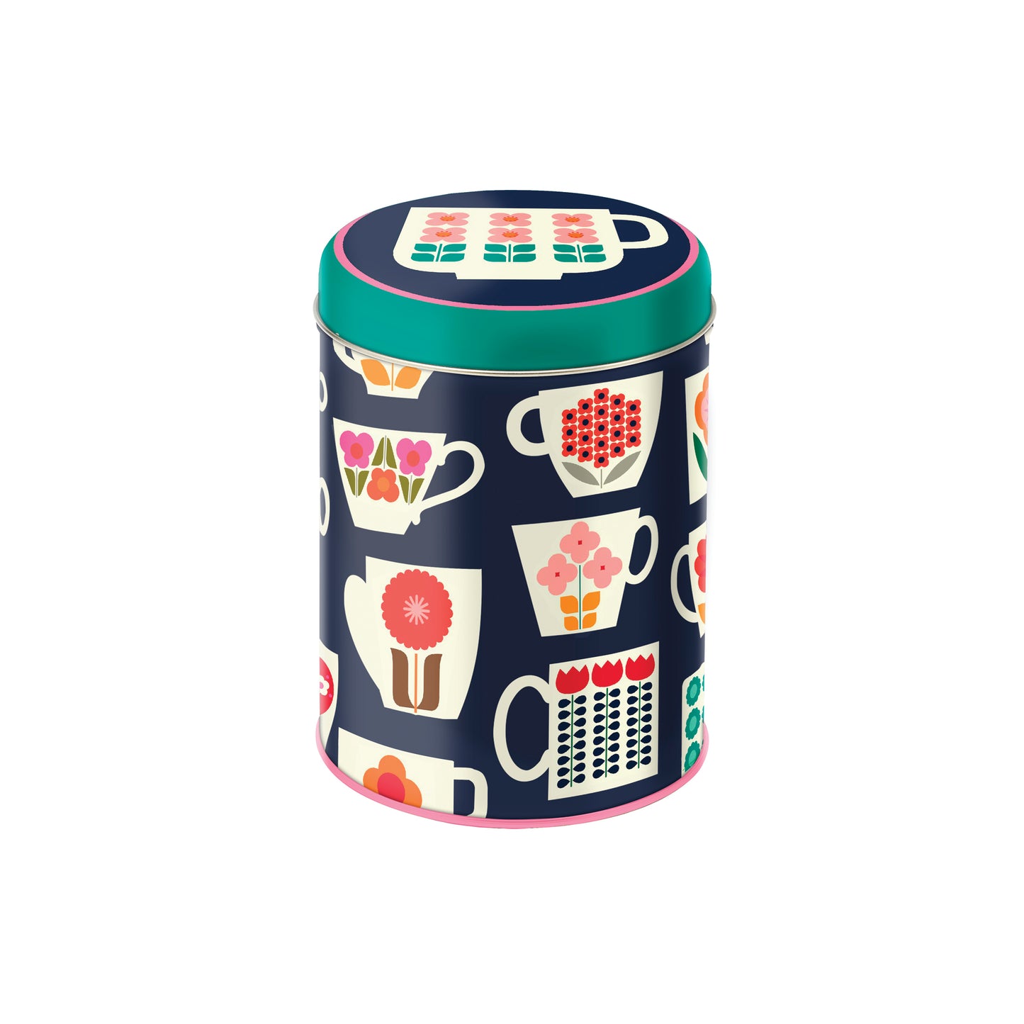 Kitchentins- Kate Rhees Teacup design round caddy tin