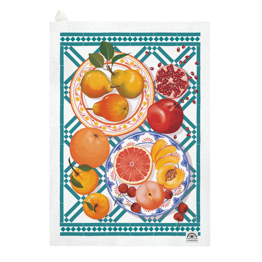 Kitchentins - Printer Johnson Tea towel with a colorful design of fruits on a white background