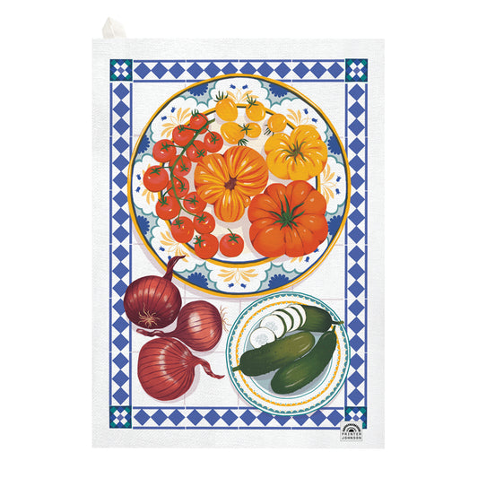 Kitchentins - Printer Johnson Tea towel with colorful illustration of tomatoes, cucumbers, and onions on a decorative border.