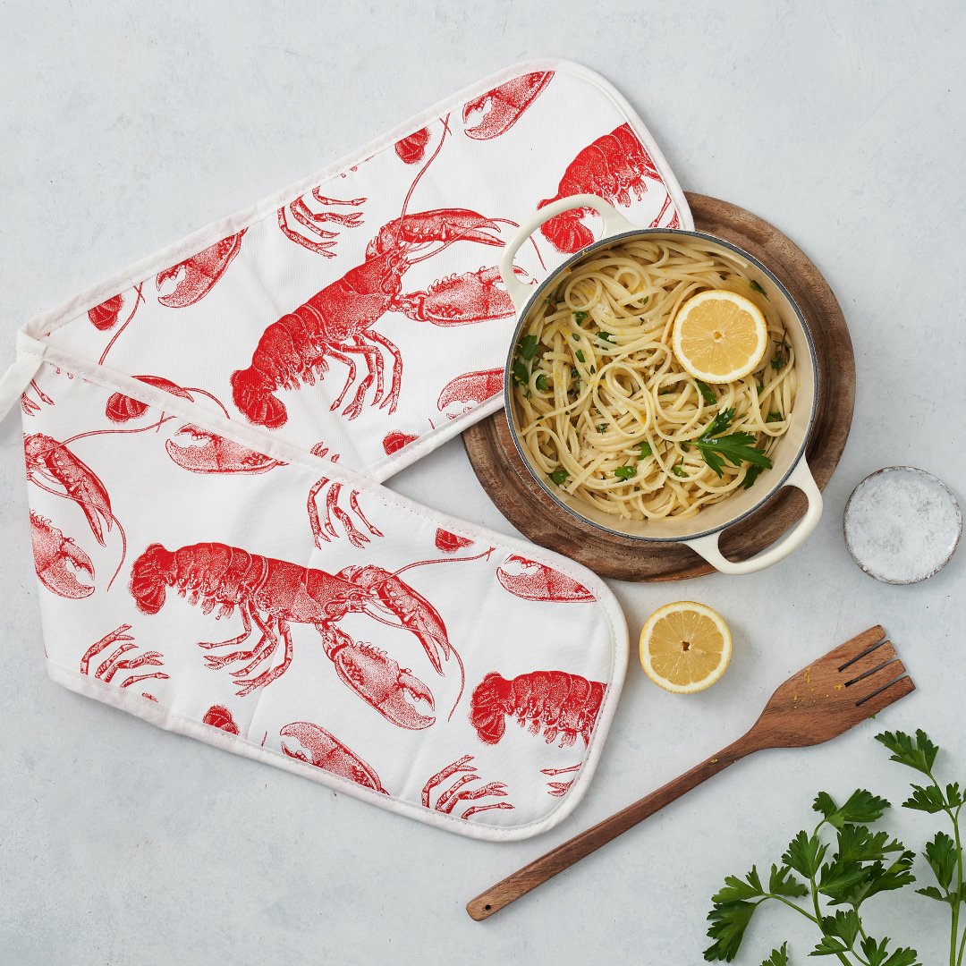 kitchentins - Thornback and Peel Lobster Cotton Double Oven Gloves Featuring coral red lobster design.