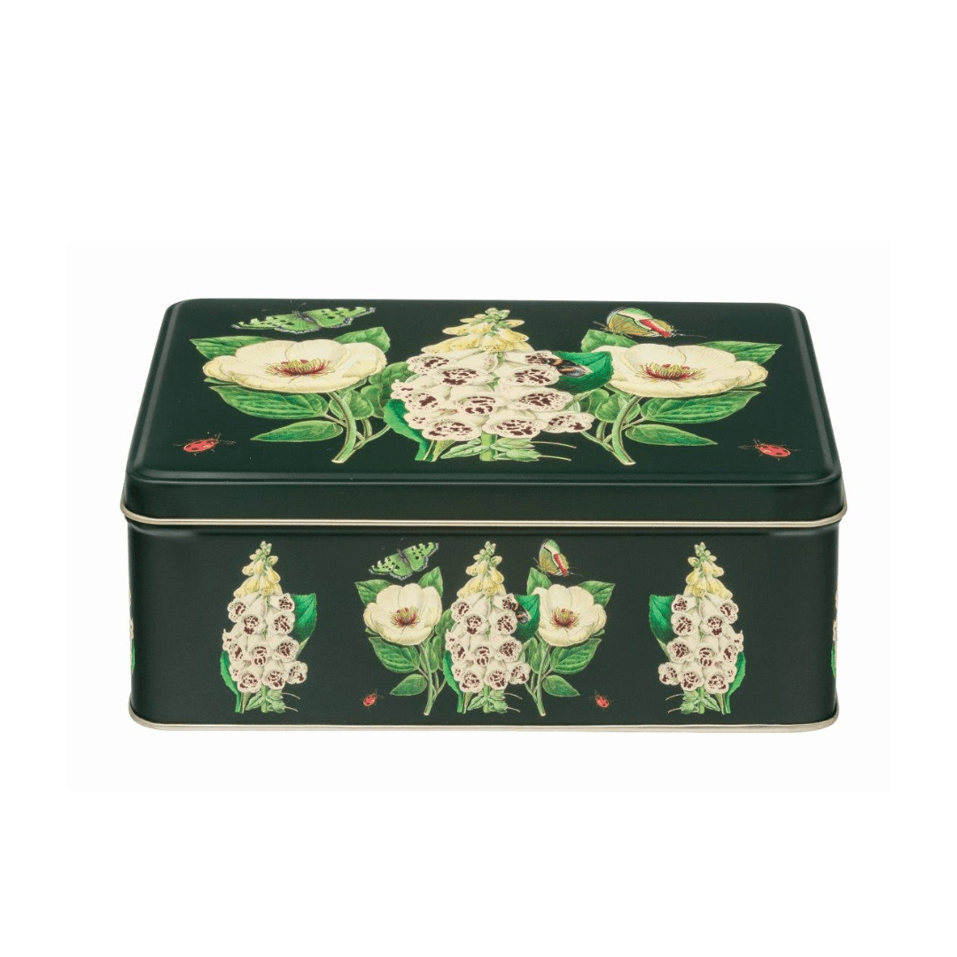 kitchentins - Madame Treacle deep rectangular tin with floral design on a dark green background.