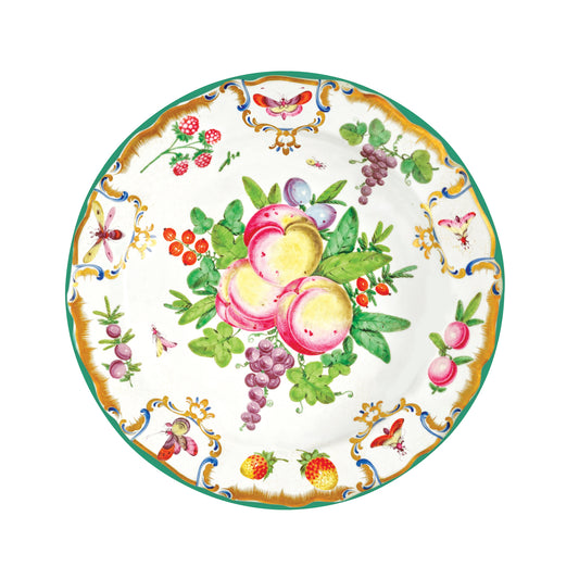 Kitchentins - Decorative Duke of Gloucester tin plate with colorful fruit and floral design on a white background
