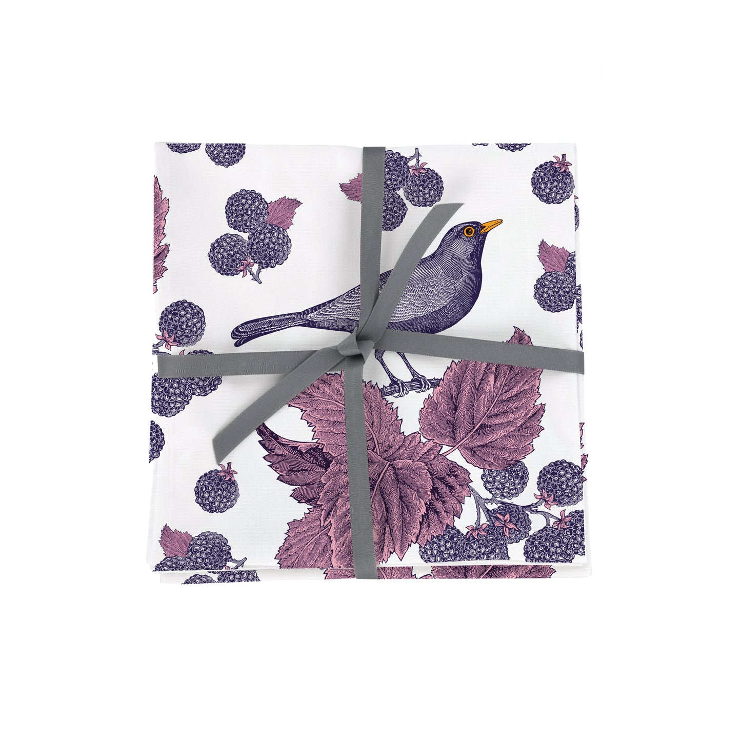 kitchentins - Thornback and Peel cotton napkins printed with inky blue blackbirds and pink leaf detail.