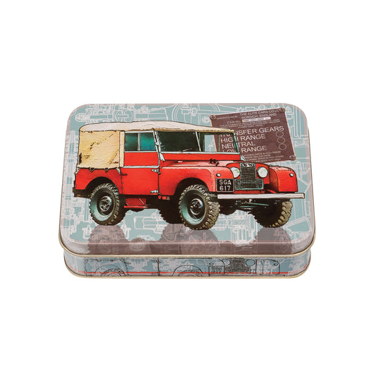 Kitchentins - Small rectangular tin featuring a red off road vehicle with mechanical blueprints in the background 