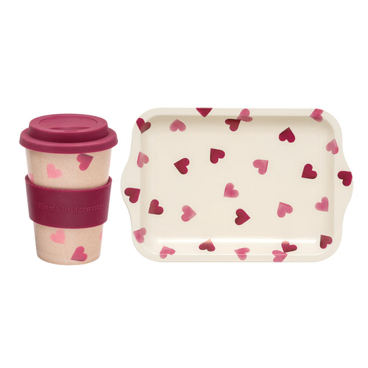 Emma Bridgewater -  Pink Hearts Small Tin Tray & Travel Cup Set